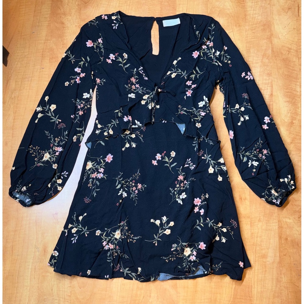 Altar'd State Black Floral Ruffle Tie Front‎ Mini Dress Long Sleeve XS